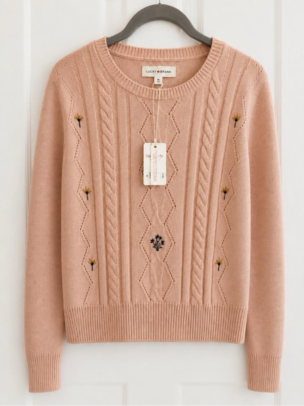 NWT Lucky Brand Pink Floral Embroidered Cable Knit Sweater - Size M